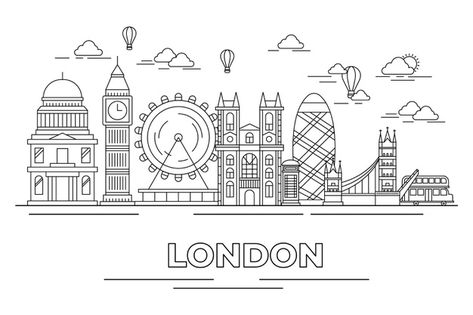 Outline landmarks skyline in monochrome ... | Premium Vector #Freepik #vector #design Paris Outline Drawing, London Line Art, City Doodle, London Skyline Silhouette, City Outline, Skyline Drawing, London Drawing, Skyline Design, London Landmarks