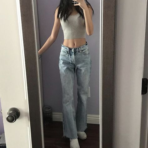 Grey Tank Top And Jeans Outfit, Grey Long Sleeve Crop Top Outfits, Tank Top And Jeans Outfit Aesthetic, Dark Grey Tank Top Outfit, Grey Top Outfit Aesthetic, Light Grey Top Outfit, Grey Tank Top Outfit Aesthetic, Gray Crop Top Outfit, Gray Tank Outfit