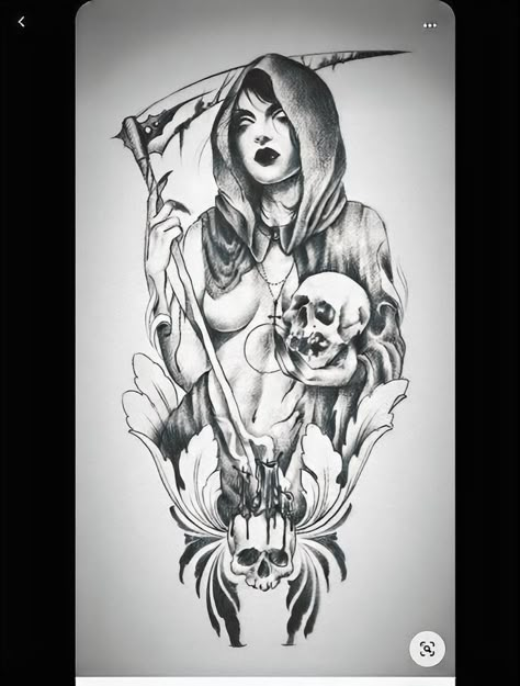 Lady Demon Tattoo, Dark Tattoo Sketch, Dark Tattoos Creepy Demons, Demons Tattoo Ideas, Grim Reaper Tattoo Designs Drawings, Female Grim Reaper Tattoo, Creepy Tattoo Ideas Dark Art, Tattoo Dark Gothic, Demon Girl Tattoo