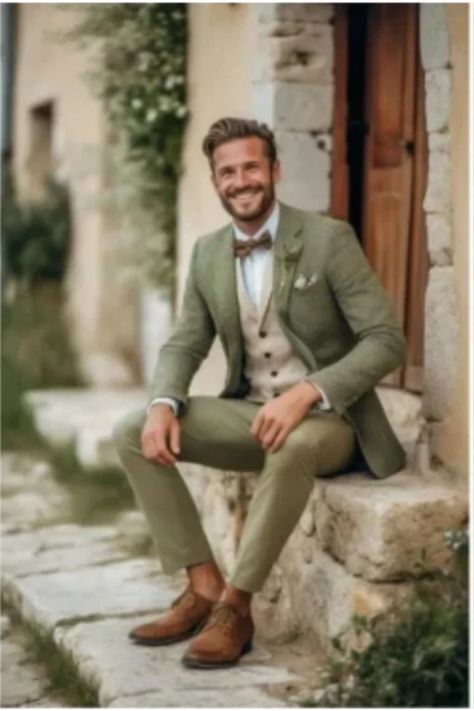 Elegant Men's Suits Full Set (Jacket+Vest+Pants) Slim Single Breasted Wedding Party Suits For Groom Dressy Pant Suits, Green Suit Men, Suit For Men Wedding, Costume Beige, Costume Vert, Green Wedding Suit, Costume Gris, Types Of Suits, Costume Bleu