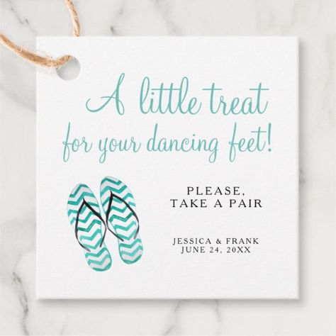 Don't let sore feet stop your guests from enjoying the dance floor! Have a basket of flips flops for them to have for the evening, and personalize them with these adorable turquoise dancing shoes favor tag. These are great for beach weddings. #beachweddingfavors #dancingfeet Dancing Feet Wedding, Flip Flop Favors, Wedding Setup Ideas, Beach Wedding Flip Flops, Beach Wedding Setup, Dancing Shoes Wedding, Wedding Favors Packaging, Laminate Wood Flooring, Wedding Flip Flops