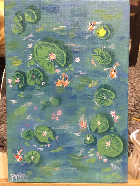 Pond :) (acrylic paint) Fish Pond Art, Pond Painting Acrylic, Catfish Pond, Pastel Tutorial, Pond Art, Little Paintings, Pond Painting, Fish Pond, Oil Pastel