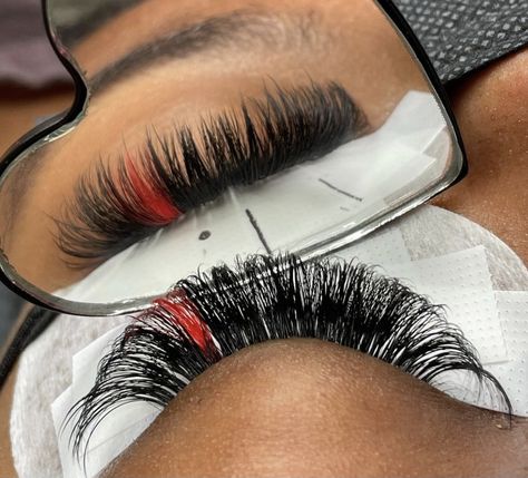 Eyelash Extensions With Red Color, Lash Extensions With Pop Of Color, Red And White Lash Extensions, Lashes With Red At The End, Red And Black Lash Extensions, Lashes With Red Color, Red Lash Extensions Styles, Black And White Eyelash Extensions, Red Lashes Extensions