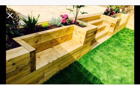 Guitar Landscape, Railway Sleepers Garden, Sleeper Retaining Wall, Sloping Garden, Sleepers In Garden, Wall Stairs, Backyard Retaining Walls, Patio Paving, Garden Retaining Wall