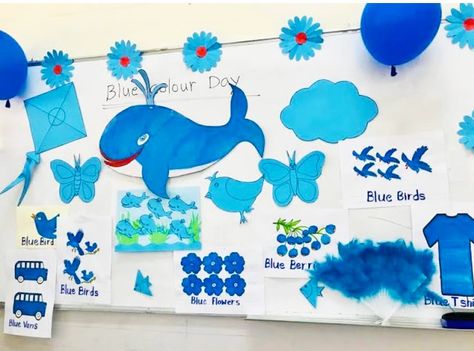 Blue Day Board Decoration In Preschool, Blue Day Activities Preschool, Blue Day Decoration In Preschool, Birthday Chart Classroom, Pre Primary School, Birthday Chart, Blue Day, Preschool Classroom Decor, Activities Preschool