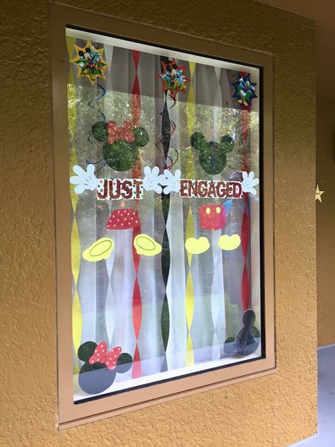 Disney hotel window decoration. Just engaged! Decorate Disney Hotel Room Window, Decorate Disney Hotel Room, Disney World Window Decorations, Disney Hotel Window Decorations, Disney Resort Window Decorations, Disney Window Decoration Ideas, Disney Window Decoration, Cheer Summit, Disney Hotels Room