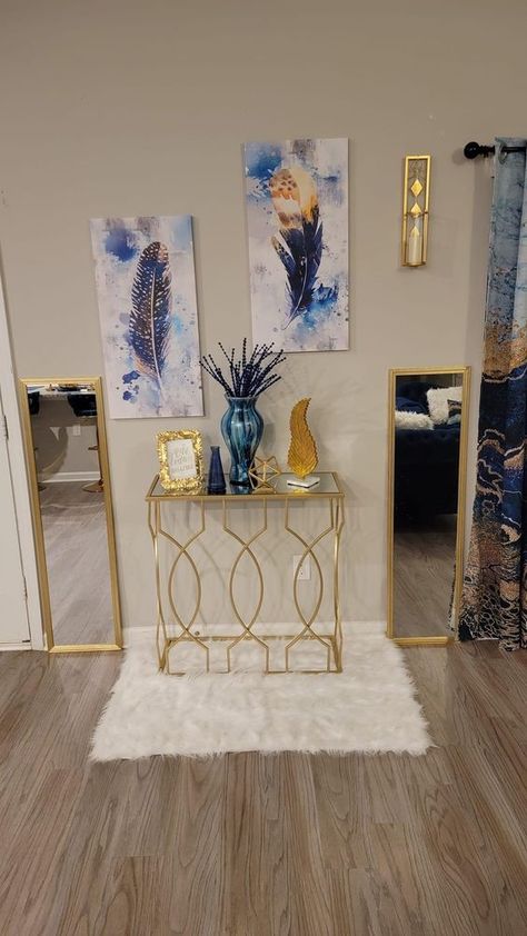 Royal Blue And Green Living Room, Decor For Outside Of House, Shein Living Room Decor, Single Woman Home Decor, Navy Blue Apartment Decor, Bling Living Room, Marble Living Room Decor, Apartment Wall Decor Ideas, Teal And Gold Living Room