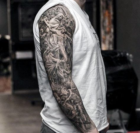 Ornate Intricate Mens Finely Detailed Jesus Angel Full Sleeve Tattoos Religious Tattoos For Men, Religious Tattoo Sleeves, Christus Tattoo, Hals Tattoo Mann, Catholic Tattoos, Tattoo Guide, Ray Tattoo, Money Tattoo, Tattoo Inspiration Men