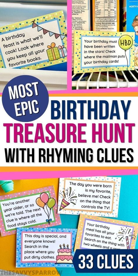 Want fun birthday ideas for kids? Try these printable birthday scavenger hunt clues! Set up your own birthday treasure hunt for kids using the 33 printable rhyming clues - hide them inside and outdoors. A super fun birthday activity for your kids to find their big birthday gift! Birthday Gift Scavenger Hunt Clues, Birthday Scavenger Hunt Clues, Birthday Treasure Hunt Clues, Outdoor Scavenger Hunt Clues, House Party Games, Treasure Hunt Clues For Kids, Treasure Hunt Birthday, Birthday Treasure Hunt, Birthday Scavenger Hunt