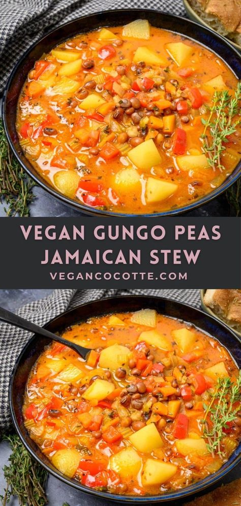 Okra Stew African Vegan, Stewed Peas Jamaican, Jamaican Vegetable Recipes, Vegan Stew Peas Jamaican, Vegan Pea Recipes, Vegan Jamaican Curry, Polish Vegan Recipes, Carribean Vegan Recipes, Meatless Bowls