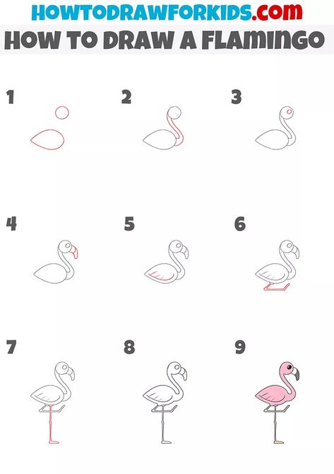 How to Draw a Flamingo Step by Step - Drawing Tutorial For Kids How To Draw A Flamingo Step By Step, Easy Flamingo Drawing, Draw Flamingo, Flamingo Doodle, Draw A Flamingo, Flamingo Drawing, Drawing Planner, Drawing Methods, Draw Birds