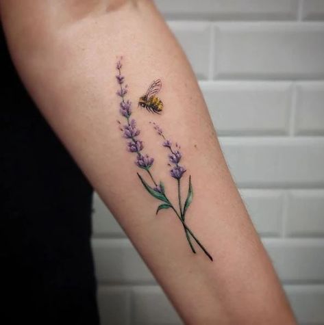 The Lavender Tattoo Meaning And 165 Blooming Tattoos To Enjoy! Butterfly Bush Tattoo, Bluebonnet Tattoos, Blue Bonnet Tattoo, Lynx Tattoo, Rad Tattoos, Cute Ankle Tattoos, Honey Bee Tattoo, Tattoo Ankle, Lavender Tattoo