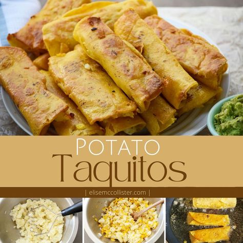 Vegetarian potato taquitos contain potatoes, cheddar, onion, corn, butter, salt, pepper, oregano, corn tortillas, and oil for frying Potato Taquitos, Deep Fried Appetizers, Taquitos Recipe, Vegetarian Gluten Free, Vegetarian Mexican, Gluten Free Potatoes, Vegetarian Appetizers, Avocado Recipes, Delicious Vegetarian