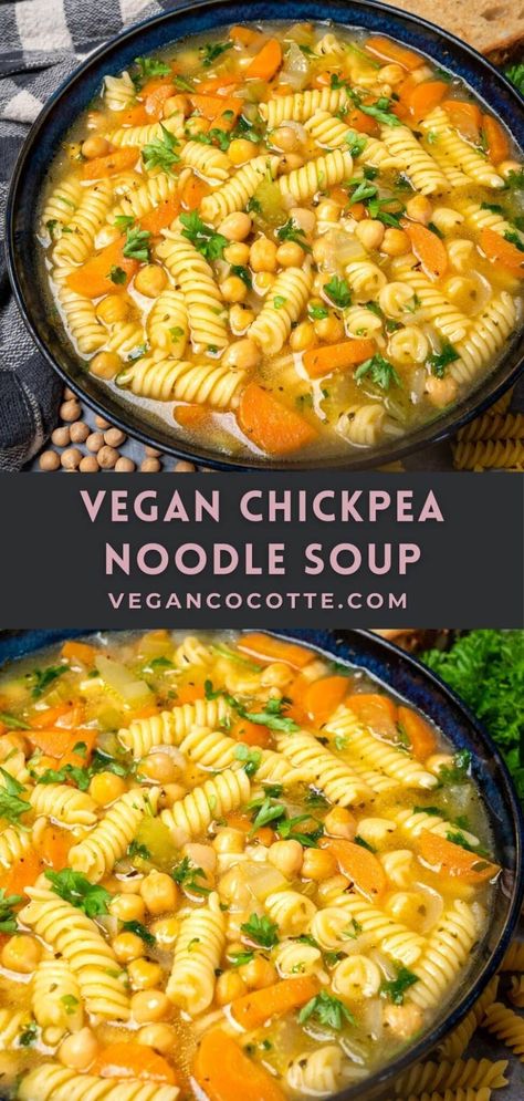 Vegetarian Chicken Noodle Soup, Vegan Cocotte, Vegetarian Noodle Soup, Cocotte Recipes, Chickpea Noodle Soup, Veggie Noodle Soup, Chickpea Noodle, Vegan Noodle Soup, Pasta Soup Recipes