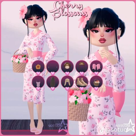 Dti Cherry Blossoms Free, Di Cherry Blossoms, Dti Theme Cherry Blossoms, Dress To Impress Cherry Blossoms Theme, Dti Theme Fashion Icon, Dress To Impress Cherry Blossom, Cherry Blossoms Dress To Impress, Model Outfit Ideas, Cherry Blossom Theme