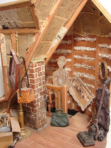 Attic 1:12 Scale Dollhouse Miniature Dollhouse Attic, Miniatures Halloween, Village Miniature, Mini Ideas, Haunted Dollhouse, Halloween Miniatures, Dollhouse Ideas, Haunted Dolls, Dolls House Interiors