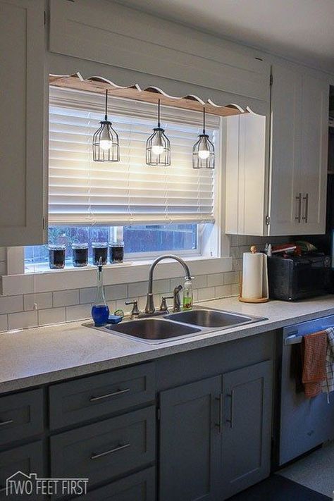 DIY Pendant Cage Light with a Wooden Box Above the Sink. Lighting Over Sink, Sink Remodel, Sink Window, Kitchen Sink Lighting, Best Kitchen Lighting, Kitchen Lighting Design, Over Sink, Kabinet Dapur, Kitchen Lighting Fixtures