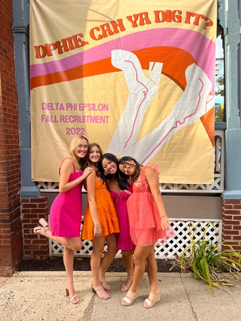 70s Bid Day Theme, Groovy Sorority Theme, Disco Sorority Theme, 70s Bid Day, Disco Bid Day, Ford Sorority Bid Day, Orange Photoshoot, 70s Sorority Shirt, Sorority Social Themes