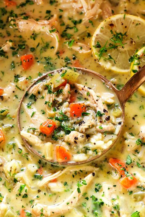 Avgolemono Soup (Greek Lemon Chicken Soup) - Carlsbad Cravings Avgolemono Soup Crockpot, Lemon Rosemary Chicken Soup, Mama Leones Chicken Soup, Chicken Lemon Soup, Greek Chicken Soup, Greek Lemon Soup, Lemon Zest Recipes, Lemon Coriander Soup, Lemon Rice Soup