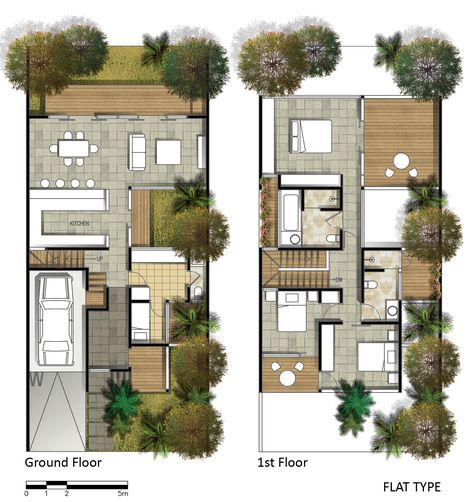 Projects by Fajar Aditya at Coroflot.com Rendered Floor Plan, Narrow House Plans, Townhouse Designs, Architectural Floor Plans, Villa Plan, Narrow House, Layout Architecture, Duplex House, Row House