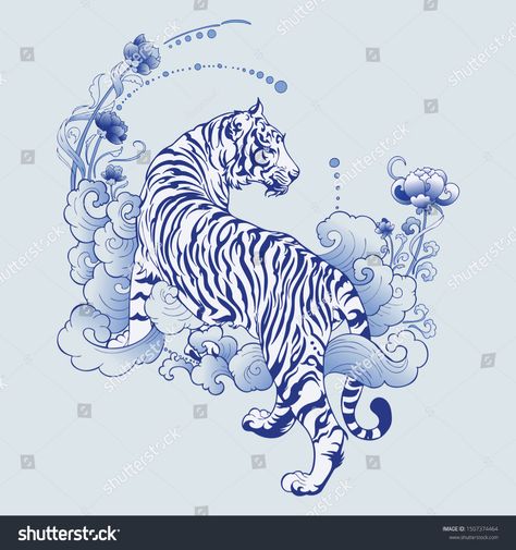 Tiger Climbing, Fun References, Blue Ink Tattoos, Big Cat Tattoo, Tiger Tattoo Design, Tiger Drawing, Tiger Illustration, Cloud Design, Blue Tattoo