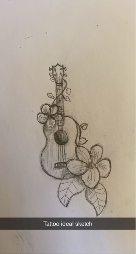 Ukulele Tattoo Ideas, Guitar Aesthetic Drawing, Guitar Pick Tattoo, Ukulele Tattoo, Ukulele Drawing, Guitar Tattoo Design, Hibiscus Tattoo, Guitar Drawing, Small Guitar