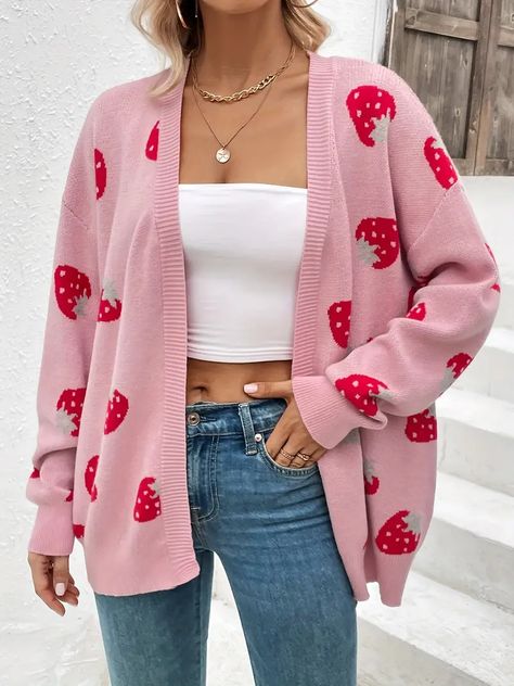 Strawberry Pattern Open Front Cardigan Elegant Long Sleeve Cardigan For Spring Fall Womens Clothing | Shop The Latest Trends | Temu Strawberry Cardigan, Drop Shoulder Cardigan, Fall Attire, Cardigan Casual, Winter Vest, Long Sleeve Knitted Cardigan, Pullover Outfit, Cute Cardigans, Patterned Cardigans