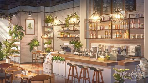 Modern Cafeteria, Anime Coffee, Anime House, Bakery Interior, Interior Design Drawings, Fantasy Rooms, Coffee Shops Interior, Scenery Background, Living Room Background