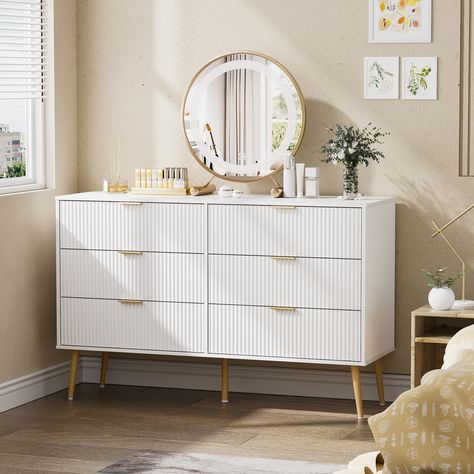 PRICES MAY VARY. 🎁【Modern Double Dresser with 6 Drawers】The dressers are designed with wavy panels and gold handles, which are elegant and fashionable and perfectly blend with various styles of the room. The white dressing table can be perfectly matched with any furniture, and can also be used as a TV cabinet or bedside table, which is super practical. 🎁【Large Capacity Storage】The bedroom dresser consists of 6 drawers (Drawer Size: 7'' * 21.8"), providing ample space to organize your belonging White Wood Furniture Bedroom, Chest Drawer Decor Ideas, Dresser Aesthetic, Boho Dresser, Dresser Tv, Decor Makeover, White Dressing Tables, Chest Drawers, Dresser Tv Stand