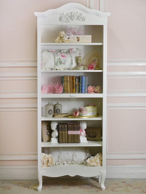 This book case is 82.5"T x 33"W x 14"D. The middle shelf with the applique is stationary whereas top two shelves and the bottom two shelves are adjustable. French Bookshelf, Shabby Chic Bookshelf, Chic Bookshelf, Shabby Chic Bookcase, Muebles Shabby Chic, Shabby Chic Shelves, Shabby Chic Office, Vintage Bookshelf, Cottage Shabby Chic