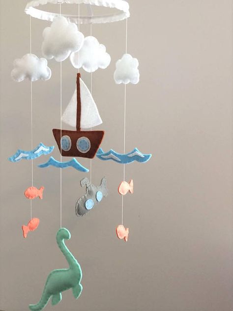 Ocean Mobile with Nessie and Submarine Cryptid Nursery, Felt Ocean, Sailboat Nursery, Ocean Mobile, Monster Nursery, Ocean Themed Nursery, Butterfly Mobile, Fun Nursery, Ocean Nursery