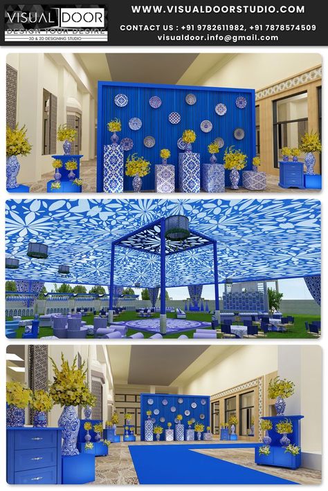 Hello all, First of all, I would like to tell you about our 3D studio which is situated at MD road, Jaipur based. HERE we are presenting the "BLUE POTTERY" which make feels you awesome & provide an energetic open to fly atmosphare. BLUE POTTERY THEME Has its own demands on international wedding. Contact for this massiveness 3D. Thank you Contact us : Email id: visualdoor.info@gmail.com WhatsApp no : +91-9782611982 +91-7878574509 Add:501A,PRECIOUS MALL ,MD Road,NEAR TRANSCORP JAIPUR (Raj.) Wedding Table Deco, Wedding Car Deco, Haldi Decoration Ideas, Mehendi Decor Ideas, Simple Stage Decorations, Wedding Stage Decor, Party Entrance, Wedding Decor Photos, Wedding Entrance Decor