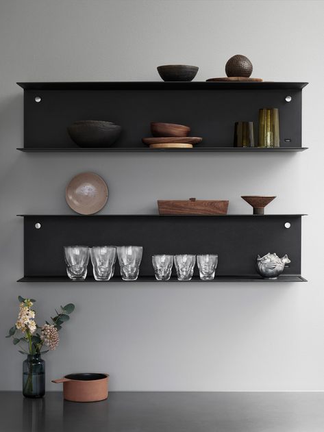 #shelves #shelvesinbedroom #shelvesdecor Black And White Furniture, Utility Shelves, New House Kitchen, White Furniture, Functional Storage, House Kitchen, Glass Shelves, Interior Inspiration, Floating Shelves