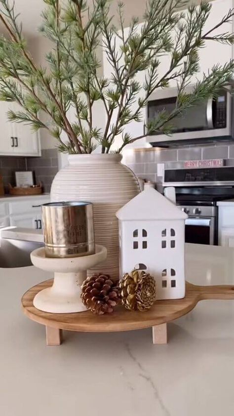 24 Cozy Winter Tray Decor Ideas To Recreate This Season Christmas Decor Kitchen Island, Winter Tray Decor, January Home Decor Ideas, Door Decorations Christmas, Winter Tray, After Christmas Decor, Diy Christmas Door Decorations, January Decor, Winter Decorating Ideas