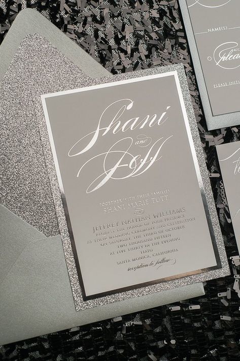 Foil Stamping - Fancy All Silver Glitter Wedding Invitation - SAMPLE (FAITH) Silver Wedding Invitations, Glitter Wedding Invitations, Wedding Dresses Cinderella, Cinderella Wedding, Wedding Invitation Samples, Letterpress Wedding Invitations, Wedding Suite, Glitter Wedding, Unique Wedding Invitations