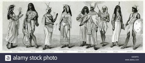 Variety of clothing from Ancient Egypt. From left to right: priestess, priest, Ethiopian king, queen, court official, Egyptian pharaoh, fan bearer, judge, bodyguard. BCE Stock Photo Ancient Egyptian Clothing Men, Egyptian Clothing Men, Ancient Egypt Clothing, Egypt Clothing, Ancient Egyptian Clothing, Egypt Poster, Egyptian Clothing, Ancient Egypt History, Egyptian Pharaoh