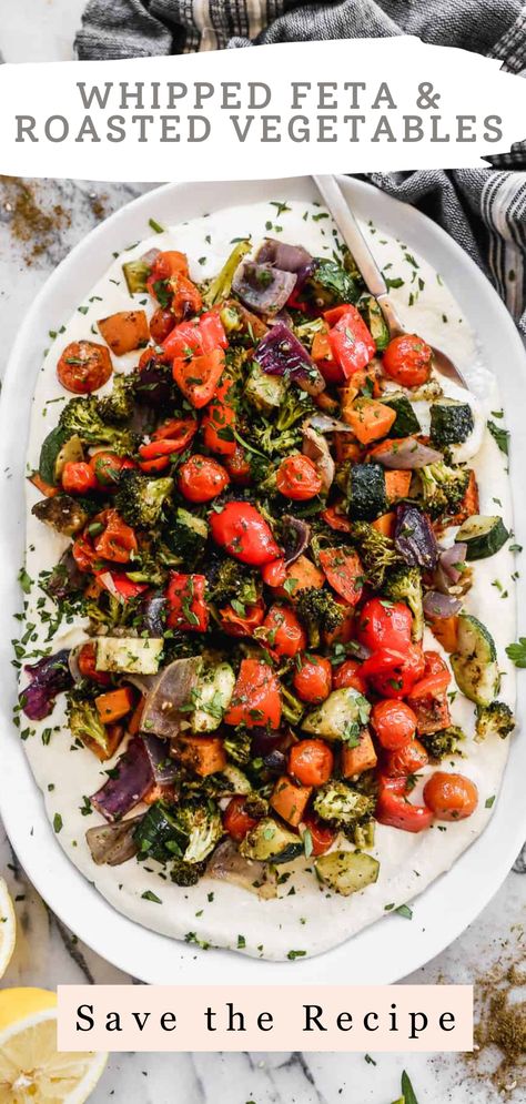 Main Dishes With Vegetables, Mediterranean Roasted Cabbage Steaks With Basil Pesto And Feta, Dinner Side Dishes Vegetables, Thanks Giving Veggie Sides, Amazing Vegetable Side Dishes, Upscale Vegetable Side, Roasted Vegetables With Whipped Feta, Easy Veg Side Dishes, Roasted Vegetable Dinner Ideas