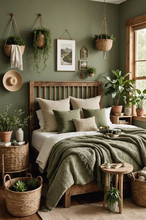 Rustic Green Bedroom Ideas, Earthy Bedrooms, Country Bedroom Ideas, Rustic Bedroom Ideas, Paint Pallets, Rustic Design Style, Nature Inspired Bedroom, Bedroom Ideas On A Budget, Pine Bedroom