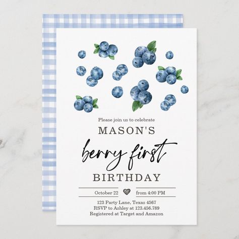 Berry Sweet 1st Birthday Boy Blueberry Invite Berry Sweet 1st Birthday, Blueberry Party, Blueberry Birthday, 1st Birthday Boy Themes, Invitation First Birthday, 1st Birthday Boy, 1st Birthday Themes, Fun Invitations, Birthday Themes For Boys