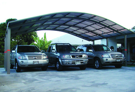 Triple Carport - providing stylish protection for all your vehicles. Carports from Japan, now available in the USA. These ports have aluminum panels. Japanese Pergola, Free Standing Carport, Cantilever Carport, Carports For Sale, Wooden Carports, Aluminum Carport, Garage Canopies, Modern Carport, Diy Carport