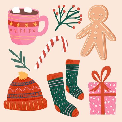 Hand drawn christmas element collection ... | Free Vector #Freepik #freevector #christmas #winter #hand #hand-drawn Digital Christmas Art, Christmas Vector Free, Simple Christmas Illustration, Christmas Cookie Illustration, Xmas Cards Illustration, Christmas Food Illustration, Christmas Art Aesthetic, Christmas Cute Illustration, Christmas Design Graphic Illustration