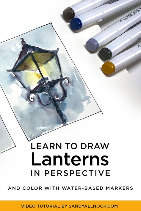 Using water-based markers, create lanterns in perspective with these simple tips. There's easy ones, more challenging ones - and you'll learn brush techniques along the way. Water Based Markers, Marker Techniques, Brush Techniques, Perspective Lessons, 1 Point Perspective, Markers Drawing, Sandy Allnock, Lantern Ideas, Vanishing Point