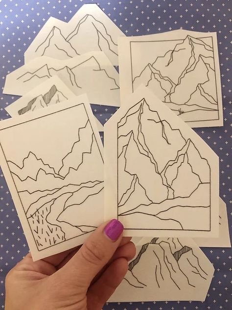 Mountains Embroidery, Mountain Embroidery, Stick And Stitch Embroidery, Stick And Stitch, Stitching On Paper, Childrens Sewing Patterns, Sewing Courses, Fabric Sewing Patterns, Landscape Designs