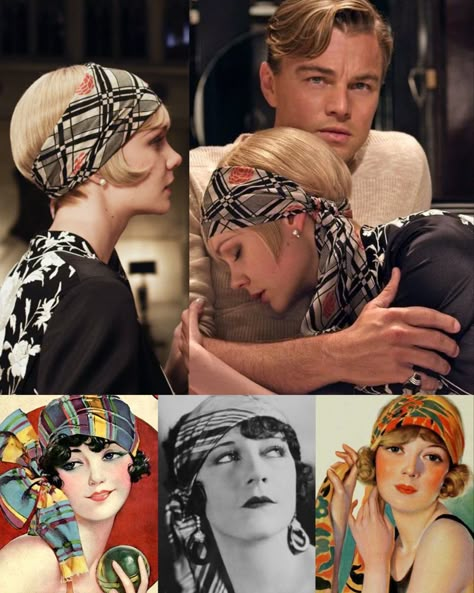 BEACH headwear was an important part of the ‘20s fashion. There were several different types that were quite popular, including the headband made in “wrap style”. In the ROARING decade, such a headband was worn by a NEW GENERATION of women who wanted to accentuate the fashionably CROPPED HAIR. 📌 Carey Mulligan as Daisy Buchanan in the historical romantic drama film based on the 1925 novel of the same name by F. Scott Fitzgerald — “THE GREAT GATSBY” (2010). Costume designer Catherine Martin in 20s Headscarf, Daisy Great Gatsby Costume, The Great Gatsby Movie Costumes, 20s Womens Hair, Daisy Buchanan Outfits, The Great Gatsby Outfit, 1920s Headwear, Daisy The Great Gatsby, The Great Gatsby Outfit Ideas