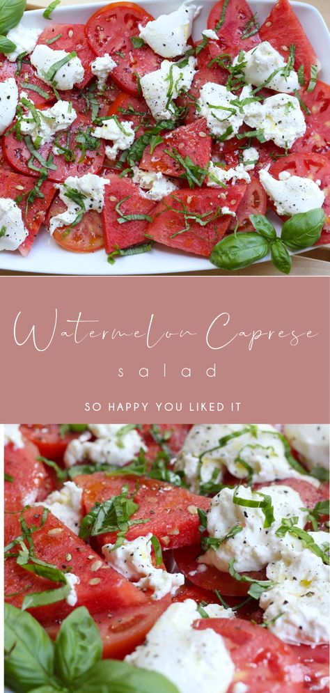 Nothing beats this fresh Watermelon Caprese Salad! It’s the perfect summer recipe. Juicy watermelon is paired with fresh tomatoes, and topped with creamy burrata cheese and basil. Add a drizzle of olive oil, some salt and fresh cracked pepper, and you have your new favorite salad for the season! www.sohappyyoulikedit.com #sohappyyoulikedit #capresesalad #watermeloncaprese #summersalad #summerrecipes #summersidedish #watermelonrecipes Watermelon Caprese, Watermelon Caprese Salad, Marinated Watermelon, Roasted Chicken Salad, Tomato Mozzarella Basil, Bbq Appetizers, Beet Salad Recipes, Burrata Salad, Vegetarian Salad Recipes