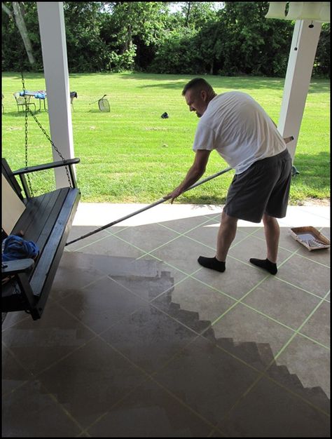 How to stain concrete. Step by step instructions and price. I'd love to do this on our porch and patio. Tile Patio Floor, How To Stain Concrete, Stain Concrete, Living Pool, Revamp Furniture, Concrete Stained Floors, Patio Tiles, Patio Flooring, Patio Makeover