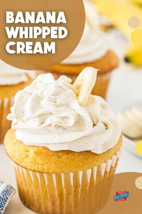 This simple, 4 ingredient Banana Whipped Cream Frosting recipe has a multitude of uses. Serve it with a bowl of fresh strawberries, add a dollop to your favorite banana cream pie, or use it as frosting for a cupcake or sheet cake. Save this pin now! For more whipped cream frosting recipes visit DixieCrystals.com and pin your favorites. Made this recipe? Show us! Banana Icing Recipe, Banana Whipped Cream, Best Frosting Recipe, Whipped Cream Frosting Recipe, Whipped Cream Recipe, Whipped Cream Cheese Frosting, Fondant Recipe, Crumbl Cookies, Recipes With Whipping Cream