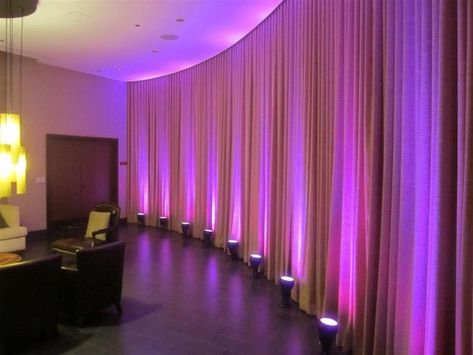 Pink Uplighting, Event Venue Design, Pink Curtain, Wall Drapes, Uplighting Wedding, Draping Ideas, Tall Floral Arrangements, Altar Ideas, Wedding Altar