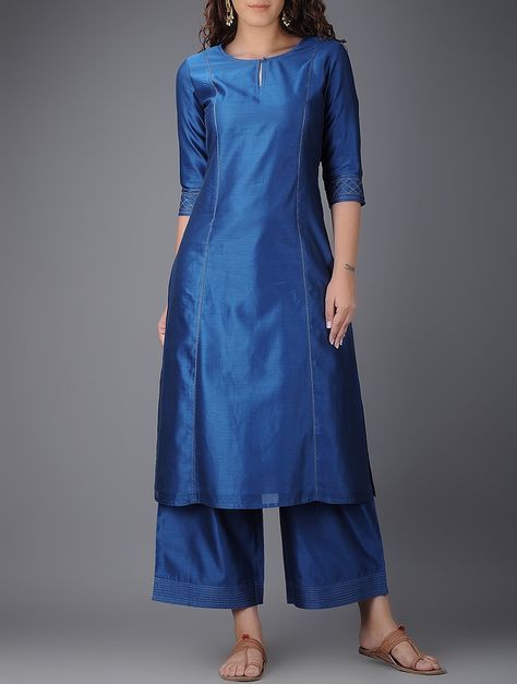 Blue Round Neck Chanderi Kurta on Jaypore.com Plain Kurti Designs, Salwar Design, डिजाइनर कपड़े, Silk Kurti Designs, Design Kurta, Kurta Patterns, Churidar Designs, Silk Kurti, Simple Kurta Designs