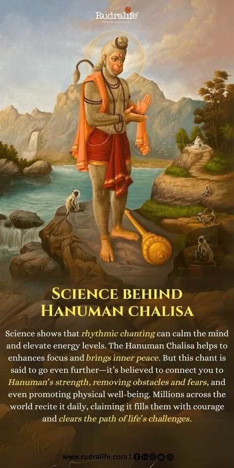 Rhythmic chanting of the Hanuman Chalisa calms the mind, enhances focus, and elevates energy levels. Beyond its soothing effects, it’s believed to connect devotees to Hanuman’s divine strength, removing obstacles, fears, and promoting physical well-being. Recited daily by millions, it fills hearts with courage and clears life’s path. #HanumanChalisa #SpiritualScience #DivineStrength #Rudralife #InnerPeace #HanumanBhakti #SpiritualHealing #Mindfulness Facts About Hanuman Ji, Hanuman Chalisa Book, Hanuman Stories, Hanuman Chalisa Song, Hanuman Chalisa Mantra, Shree Hanuman Chalisa, Krishna Thoughts, Gods Hindu, Science Facts Mind Blown